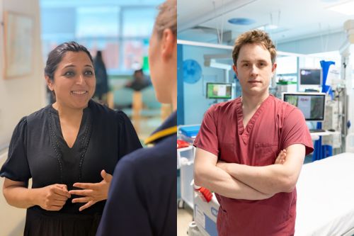 Yasmin, left and James, right Yasmin and James in hospital settings, one talking and one standing with arms crossed.